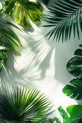 Fototapeta premium Tropical Leaf Overlay, A design featuring tropical leaves creating a natural shadow effect on a white background, perfect for product display and seasonal themes