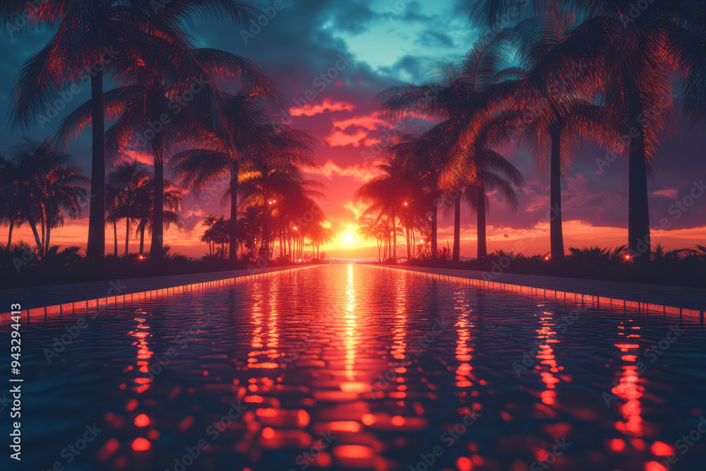 Aufkleber retro wave grid with glowing sunset and palm trees, for a nostalgic digital backdrop,