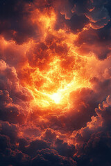 Sky Explosion,  A dramatic fiery explosion fills the sky, surrounded by swirling clouds and vibrant flames, creating a powerful and captivating spectacle