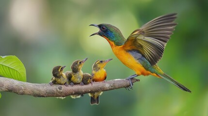 Fototapeta premium A Mother Bird Feeding Her Young on a Branch