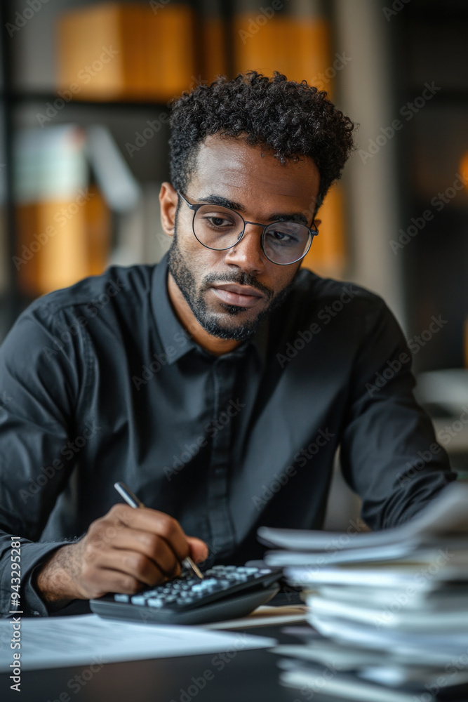 Poster office worker, a focused man with glasses sits at a desk, working with a calculator and reviewing a 