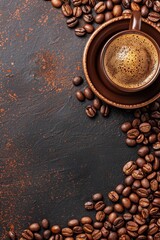 Obraz premium Steaming Cup of Robust Coffee Encircled by Aromatic Beans on a Textured Background with Copy Space