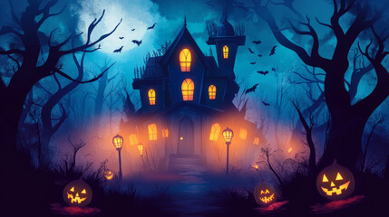 Haunted House with Eerie Glowing Lights.