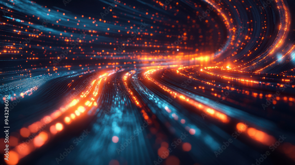 Poster digital lens technology, a futuristic digital lens featuring glowing lines and a flowing data stream