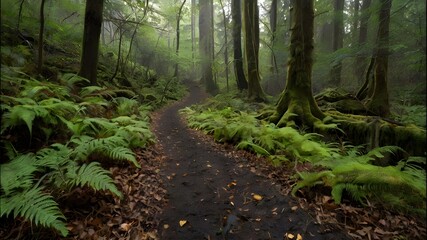Fototapeta premium Forest Trail with Fallen Leaves, Moss, and Sunlit Woodland Surroundings