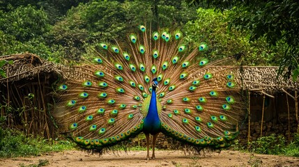 A peacock displaying its vibrant feathers in a rural Indian village, surrounded by lush greenery