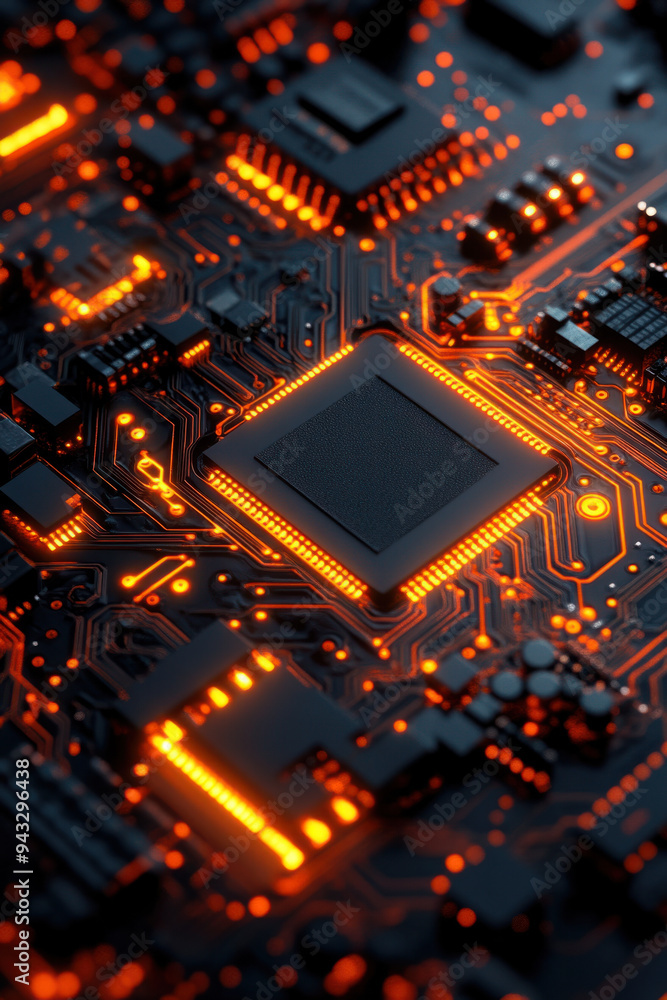 Poster glowing circuit board, an image of a circuit board featuring bright orange lines on a dark backgroun