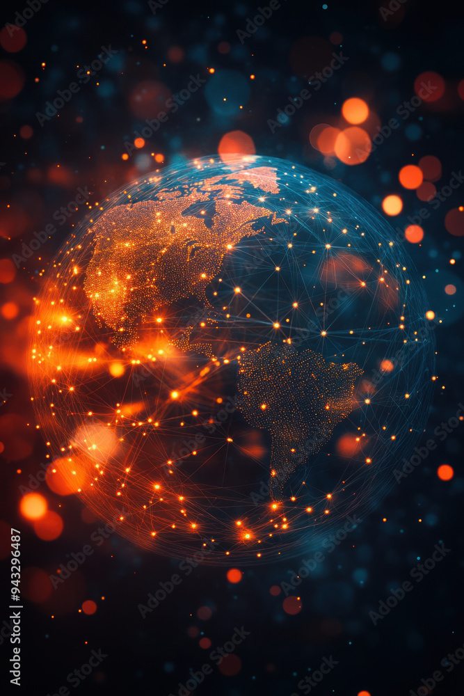 Poster glowing network globe, a globe representing network connections, featuring glowing lights and soft b