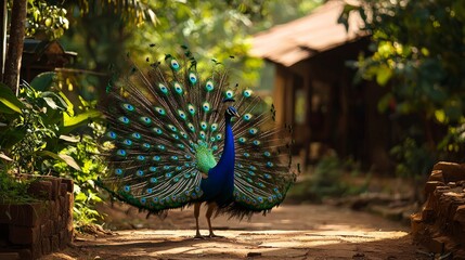 Obraz premium A peacock displaying its vibrant feathers in a rural Indian village, surrounded by lush greenery