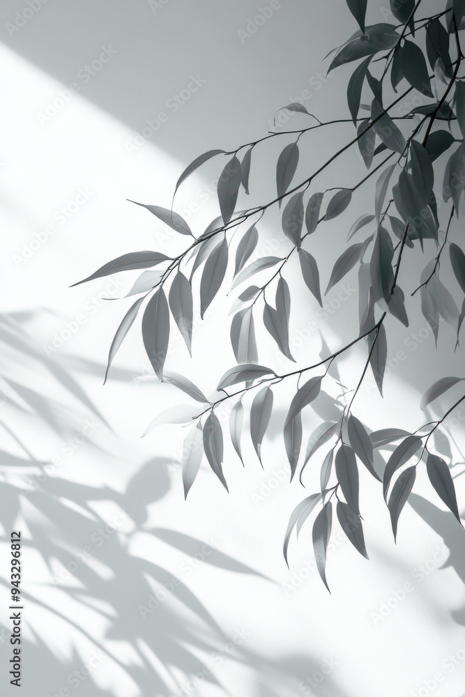 Poster willow tree shadow, a gray silhouette of willow tree leaves cast on a white wall, creating a calm an