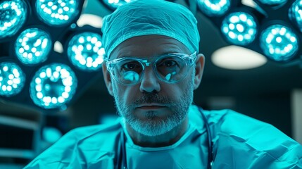 Neurosurgeon examining a 3D brain hologram to plan and execute precise brain surgery Stock Photo with copy space