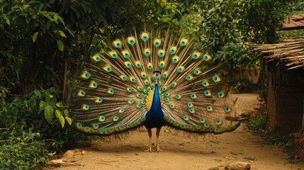 A peacock displaying its vibrant feathers in a rural Indian village, surrounded by lush greenery