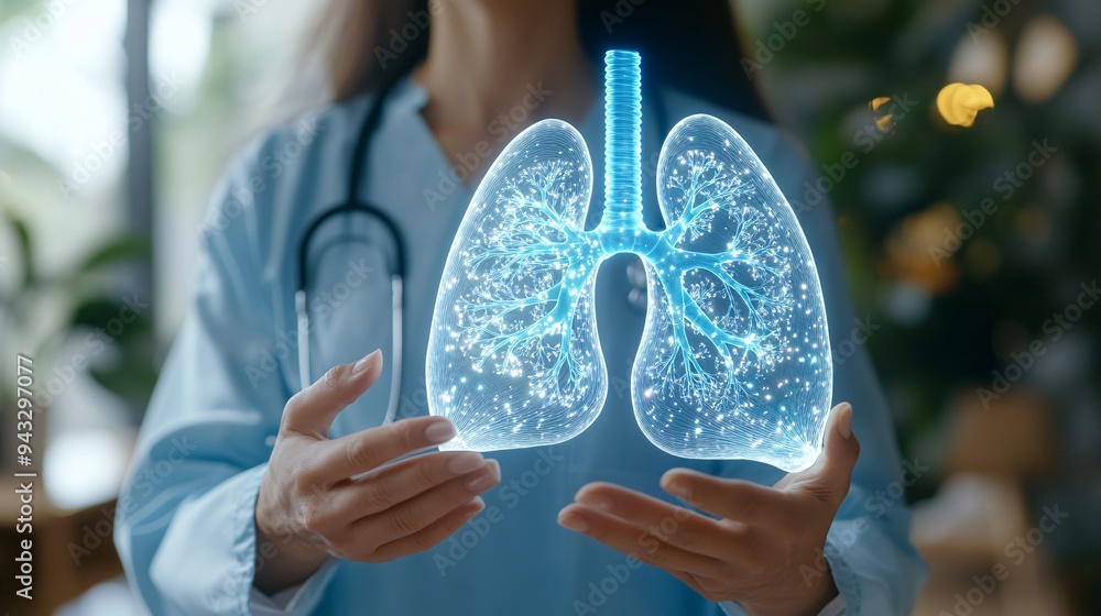 Poster pulmonologist analyzing lung function and respiratory health with a 3d holographic lung model stock 