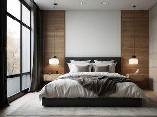 Modern Bedroom with King-Sized Bed, Wooden Walls, and Minimalist Decor