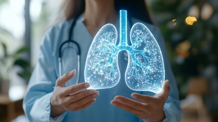 Pulmonologist analyzing lung function and respiratory health with a 3D holographic lung model Stock Photo with copy space
