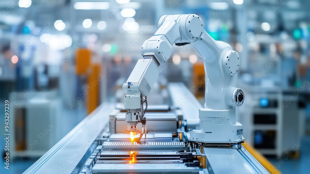 Poster robotic arm, a high-tech robotic arm operates in a modern factory, showcasing advanced automation te