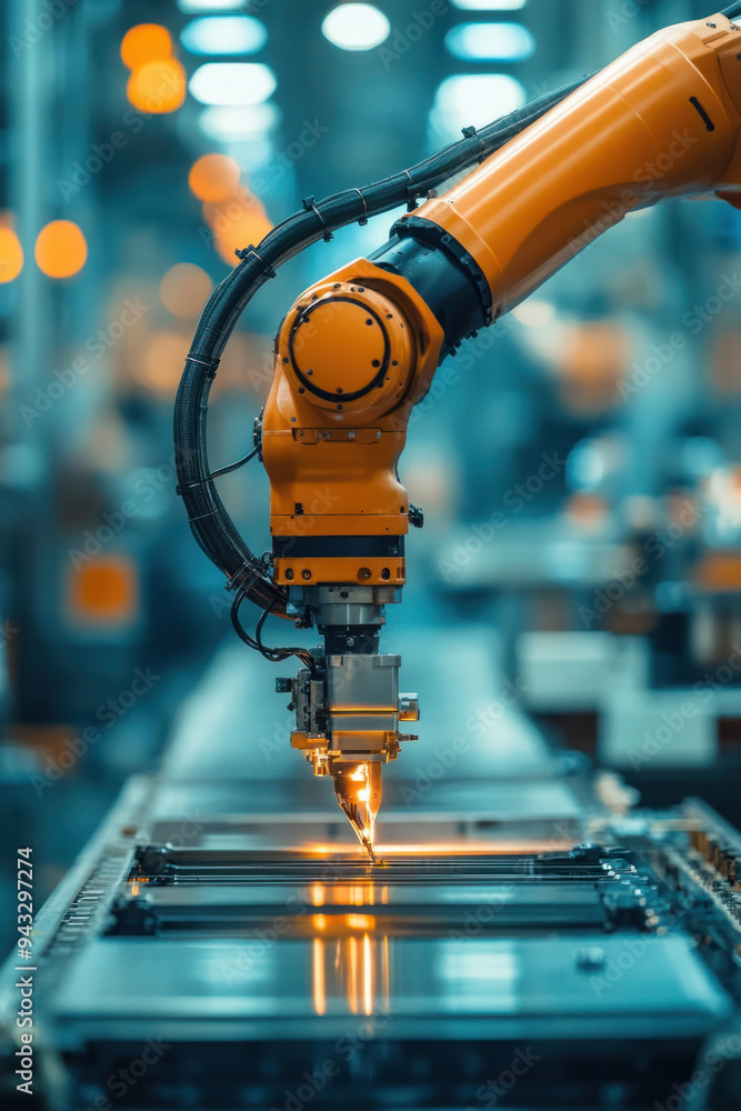 Poster robotic arm, a high-tech robotic arm operates in a modern factory, showcasing advanced automation te