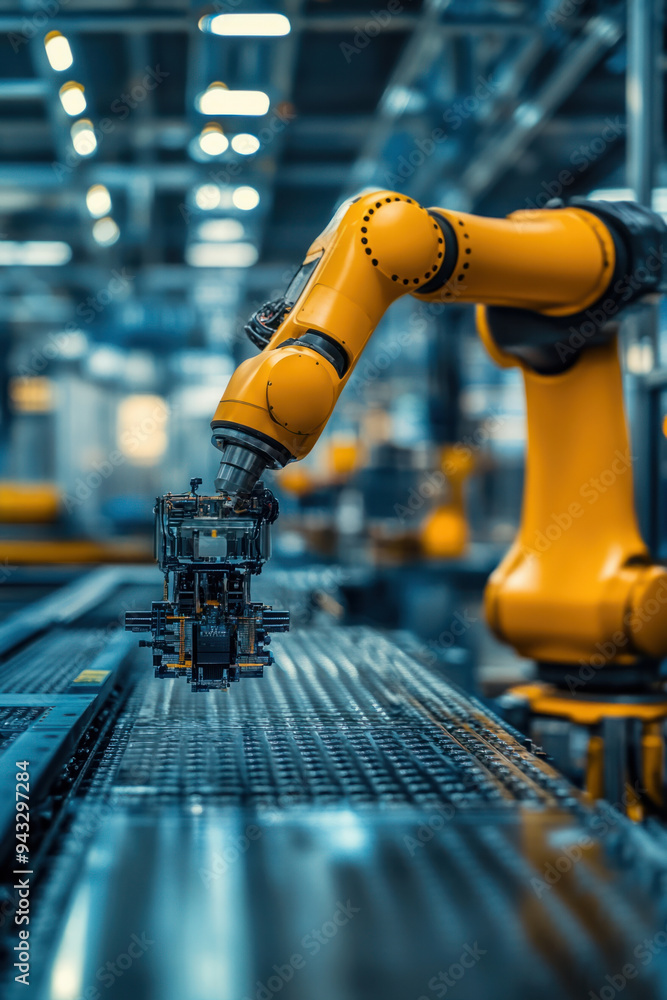 Poster robotic arm, a high-tech robotic arm operates in a modern factory, showcasing advanced automation te