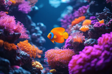 An underwater scene with glowing corals and colorful fish, as a serene digital background,