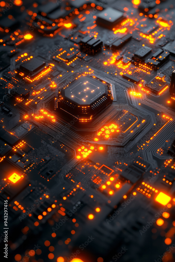 Poster A futuristic circuit board with glowing pathways and nodes, for tech-themed digital art,