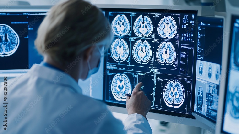Poster Neurologist examining a 3D holographic brain scan to identify and diagnose neurological disorders Stock Photo with copy space