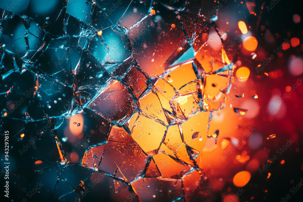 Poster a shattered glass effect with colorful reflections, creating a dynamic digital background,