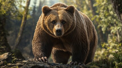 A large brown bear is slowly walking through the dense woods