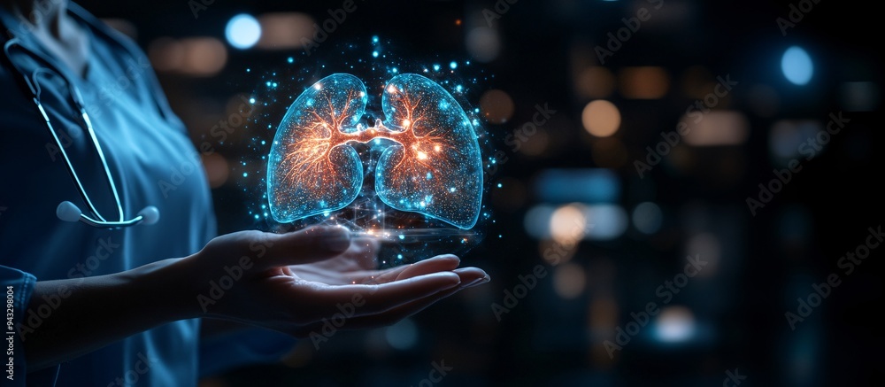 Poster pulmonologist conducting a detailed lung examination using a 3d hologram for accurate diagnosis stoc