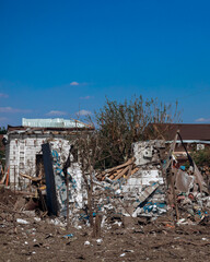 Shelling of civilians. Military aggression. Consequences of the enemy attack on the city of Dnepr. Destroyed residential. Remains of private houses. Consequences of shelling. Russia Ukraine war