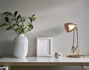 bureau créatif minimaliste rangé en illustration ia avec cadre et vase