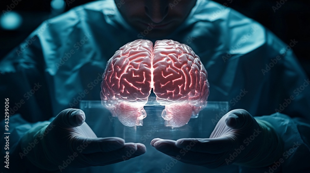 Poster neurosurgeon preparing for complex brain surgery with the aid of a 3d holographic brain model stock 