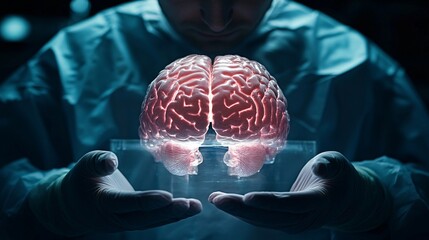 Neurosurgeon preparing for complex brain surgery with the aid of a 3D holographic brain model Stock Photo with copy space