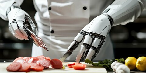 Robot chef prepares food with robotic arms.