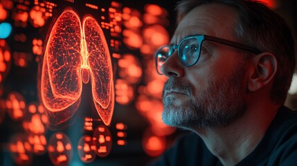 Pulmonologist evaluating lung function during a pulmonary function test using a 3D hologram Stock Photo with copy space