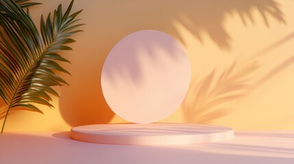 An artistic display featuring a circular geometric shape, soft shadows, and tropical leaves, combining modern design and natural elements.