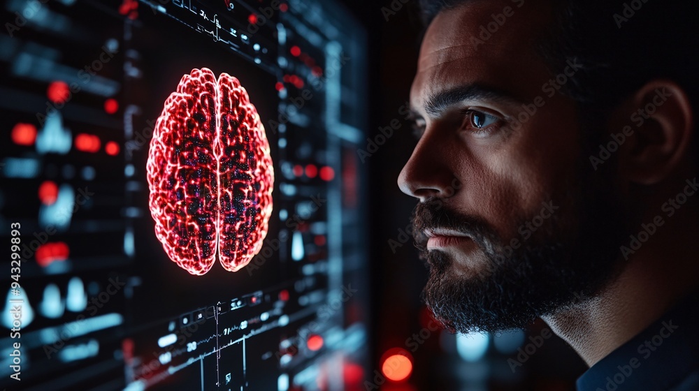Poster neurologist using a 3d brain hologram to diagnose neurological diseases and plan treatment stock pho