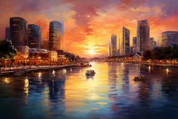 oil paint in river of singapore on background
