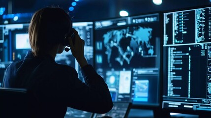 Cyber ​​Security Control Center Operator in Phone Call Working. Multiple Screens Showing Advanced Technical Data and Alerts
