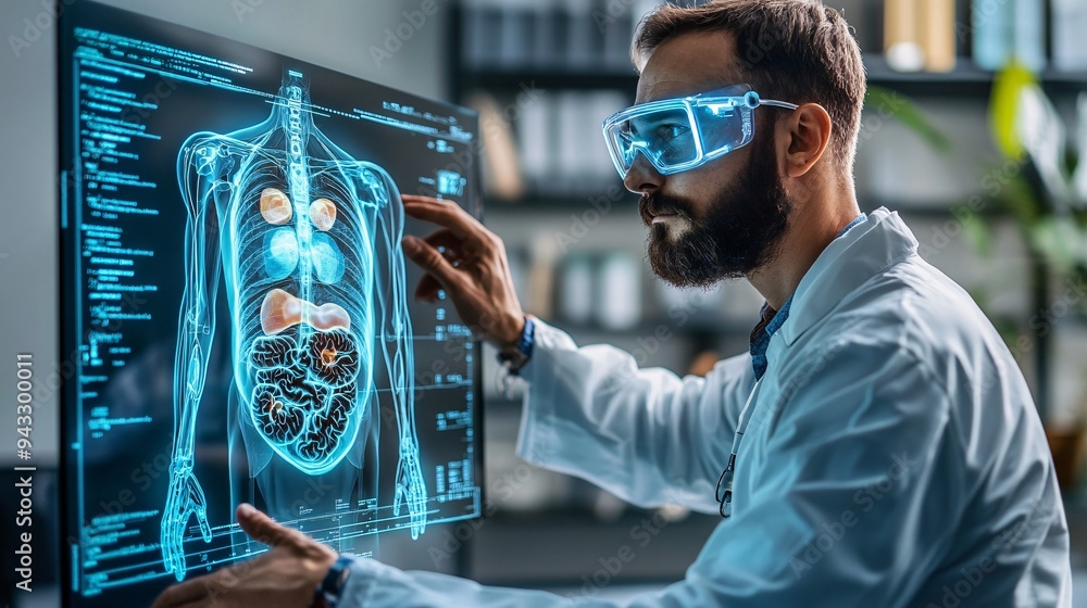 Poster doctor conducting a detailed internal organ examination using a 3d holographic display stock photo w