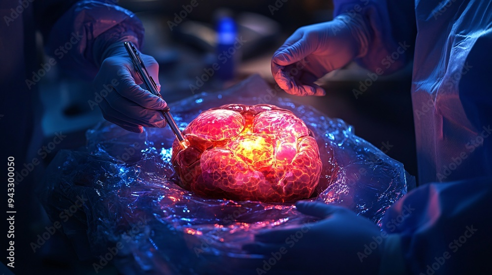 Poster doctor conducting a detailed internal organ examination using a 3d holographic display stock photo w