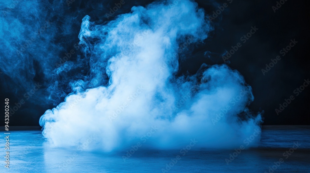 Poster a dense cloud of blue smoke swirling dramatically in front of a dark background, creating a mysterio