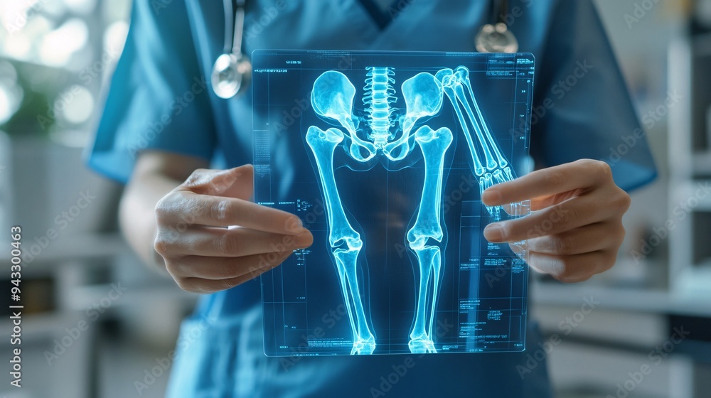 Poster orthopedic doctor monitoring bone healing and rehabilitation using a 3d hologram of the skeletal sys