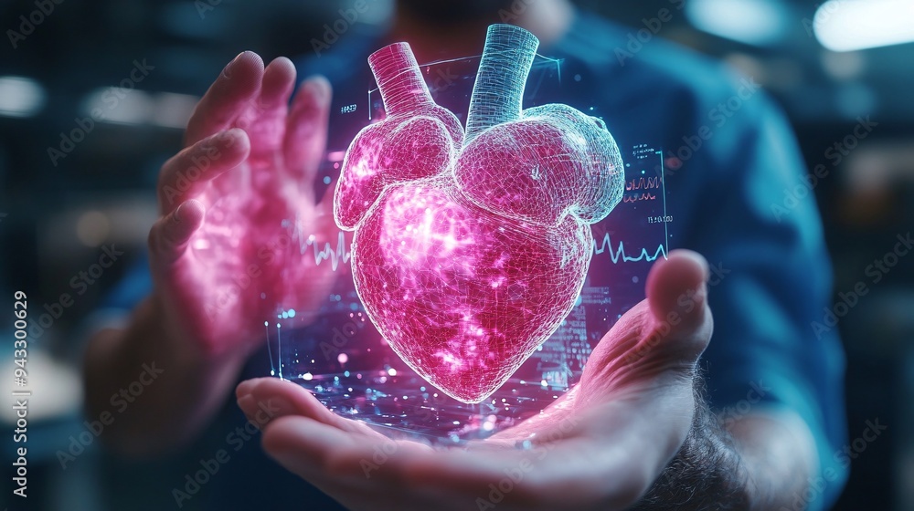 Poster cardiologist using a 3d holographic heart model to assess heart health and plan surgical interventio