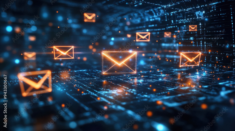 Poster futuristic email, a modern email interface featuring bright, glowing icons and digital graphics repr