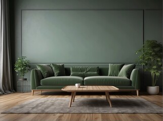 Fototapeta premium Green Velvet Sofa with Wooden Coffee Table and Plants in a Modern Living Room