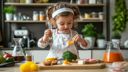 A child playing the role of a food scientist, experimenting with toy food and ingredients in a pretend lab