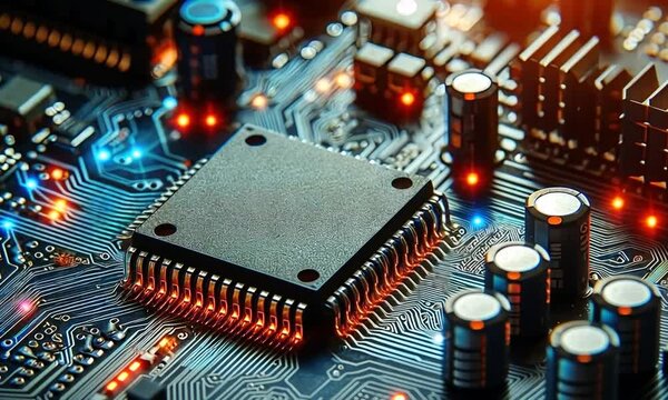 Dive into the captivating details of microchips and circuit boards as they shimmer in a tech lab's ambient light, showcasing the heart of modern technology