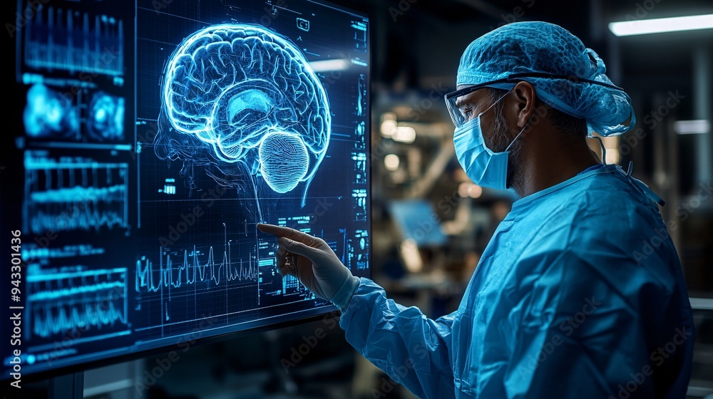 Poster neurosurgeon preparing for brain surgery with the help of a 3d holographic brain model stock photo w