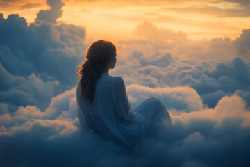 Obraz premium A dreamy figure resting on a cloud, with ethereal mist and gentle hues of dawn,
