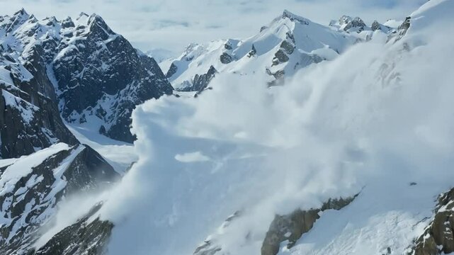 view of snow avalanche in snow mountains footage